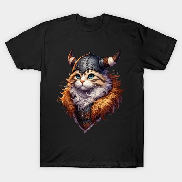 Funny Viking Warrior Cat Norse Mythology Anime Portrait T-Shirt by TomFrontierArt